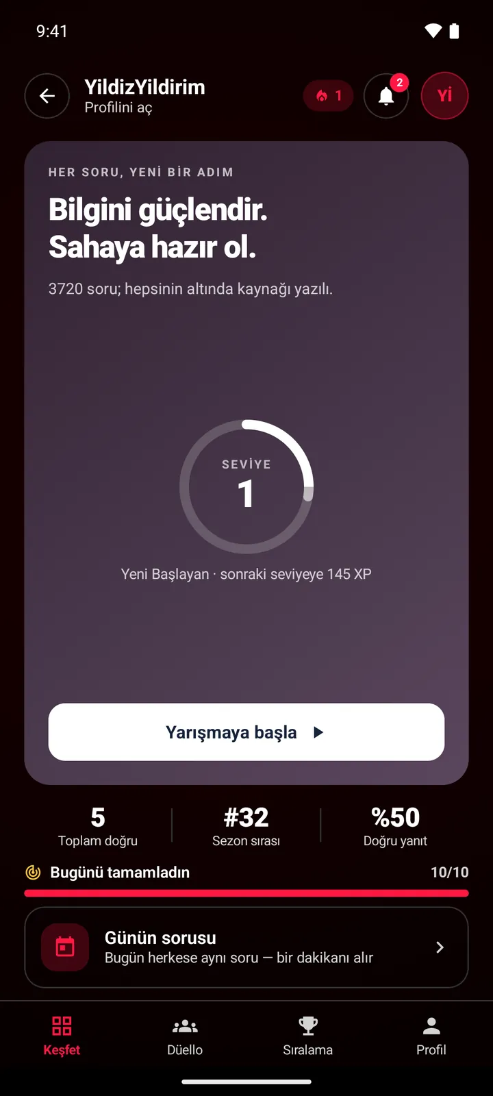 Bilgi Yarışması ana ekranı